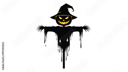 Spooky Halloween scarecrow with a glowing carved pumpkin head and a witch hat against a white background.