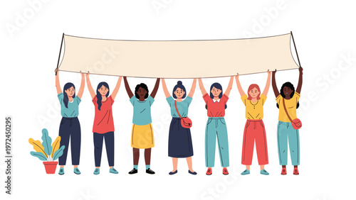 Large group of diverse women standing side by side holding up a long horizontal blank banner for a message.