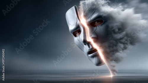 Digital art showing a broken mask with a face and smoke rising from the split