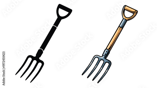 Pitchfork icon set including black silhouette and colorful detailed version with wooden handle isolated on white background.