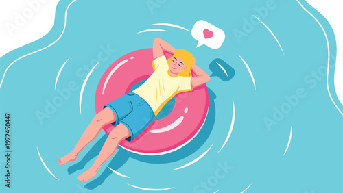 Young woman relaxing on bright pink inflatable ring in turquoise swimming pool water enjoying summer vacation and sunbathing.