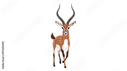 Graceful antelope standing and looking forward with long curved horns and white spots on its brown fur coat in a nature setting.