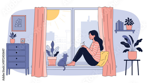 Peaceful scene of a young woman sitting on a window sill with a cat looking out at the city during a sunny day at home.