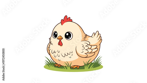 Adorable baby chicken or chick sitting on a patch of green grass with big sparkling eyes in a cartoon style.