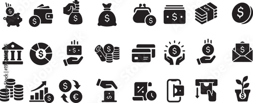Financial and economic icons set a collection of black glyph symbols