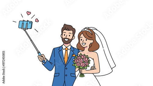 Newlywed couple in wedding attire taking a selfie with a phone on a stick with hearts floating around them for celebration.