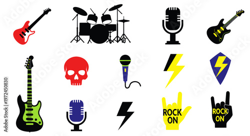 Rock Music Symbols: Guitars, Drums, Microphones, Skull, Lightning, Hand Gestures