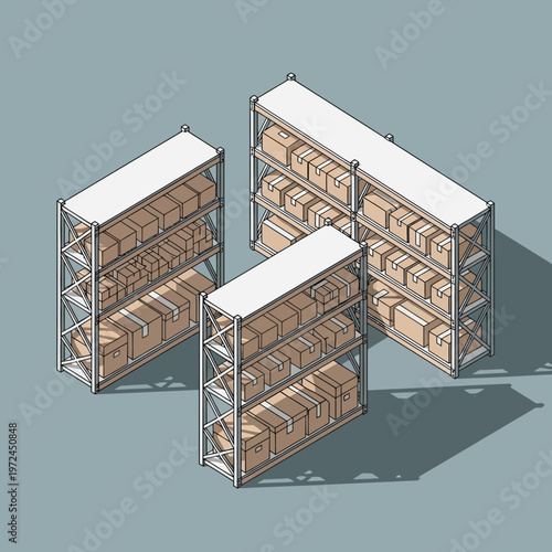 Isometric illustration of warehouse storage shelves.
