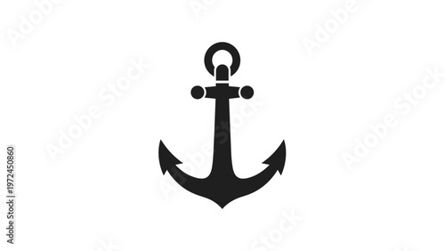 Solid black anchor icon isolated on a white background as a classic symbol of maritime sea travel and stability.