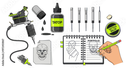 Tattoo Artist Tools and Equipment Set - Skull Design Sketch