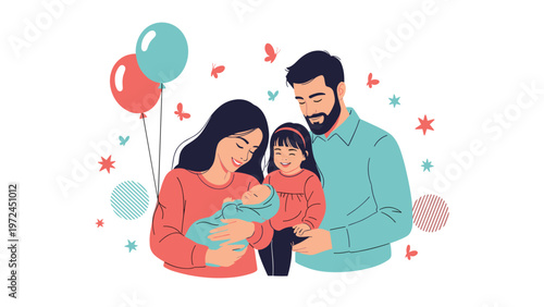 Tender moment of a happy family including mother father and young daughter holding a newborn baby in a swaddle.