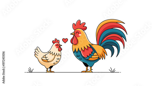 Colorful illustration of a hen and a rooster standing together with a red heart symbol between them for love concept.