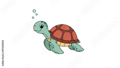 Friendly sea turtle with a brown shell and green patterned skin swims gracefully through water with rising bubbles.