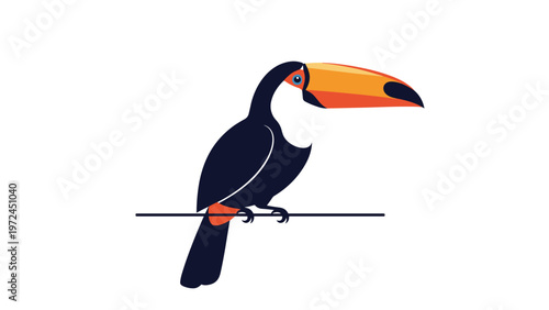 Colorful toucan with a large orange beak and black feathers perches quietly on a thin wire against a white backdrop.
