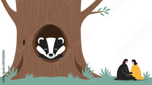 Sweet badger rests in a hollow tree trunk while a man and woman sit peacefully on the grass nearby in a forest.