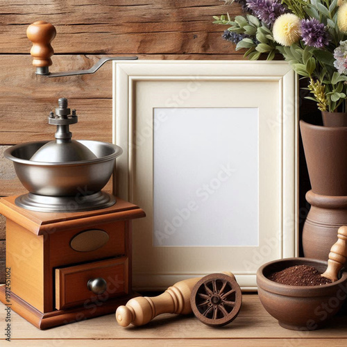 still life with coffee grinder and coffee beans