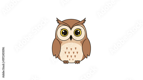 Adorable brown owl with huge golden eyes and small tufted ears stares forward in this charming vector illustration.