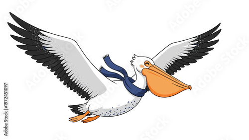 Large white pelican with a long orange beak flies with its wings spread wide while wearing a warm blue scarf.