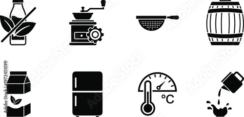 WebCollection of eight black food and beverage preparation icons including grinder, strainer, barrel, refrigerator, thermometer, pouring cup, organic carton, and non‑organic bottle.