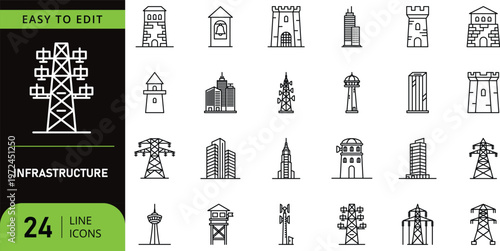 Minimalist infrastructure line icon set featuring buildings towers and power lines