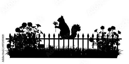 Squirrel Silhouette on Fence with Flowers Vector Illustration Isolated on White