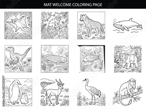 Collection of exotic animal vector coloring pages featuring sugar glider monkey hyena whale dinosaur fish bear penguin and gazelle
