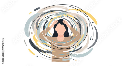 Mental Health Concept of Woman Having Anxiety Attack, Feeling Stressed and Overwhelmed with Chaotic Thoughts Abstract Illustration.
