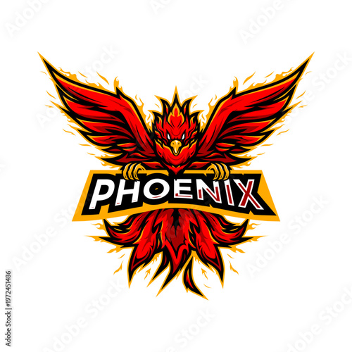 Konstfotografi Colorful fiery red phoenix illustration from front, idea for esports logo, sticker, print, etc