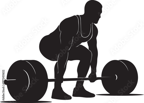 Athlete preparing to lift heavy barbell weights in a squat position silhouette vector icon