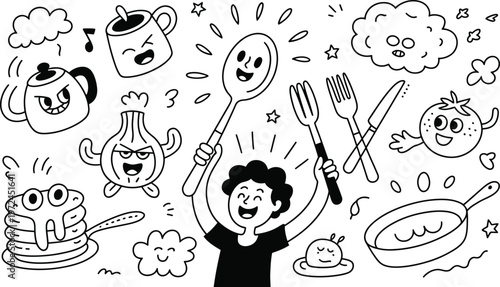 Happy cartoon person holding kitchen utensils surrounded by food and cooking items