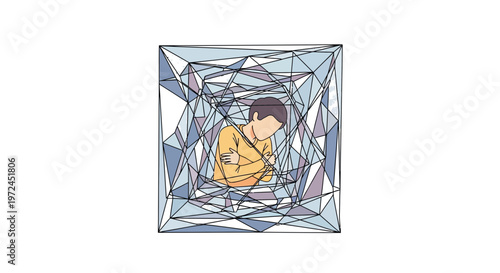 Conceptual Illustration of Man Trapped in Geometric Box, Representing Mental Isolation, Depression, and Loneliness.