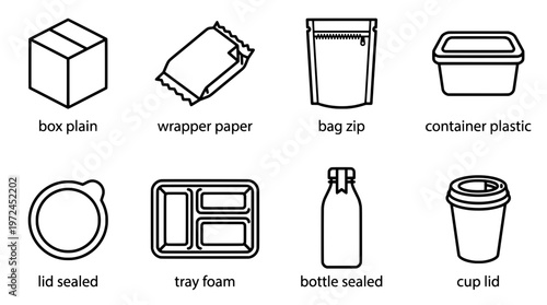 Assortment of packaging icons box bag container lid tray bottle cup