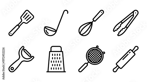 Collection of kitchen utensil outlines spatula ladle whisk tongs and more