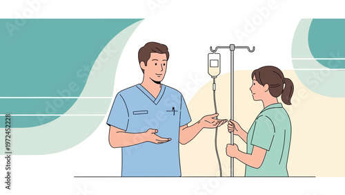Medical Professionals Discussing IV Drip Treatment in a Hospital Setting