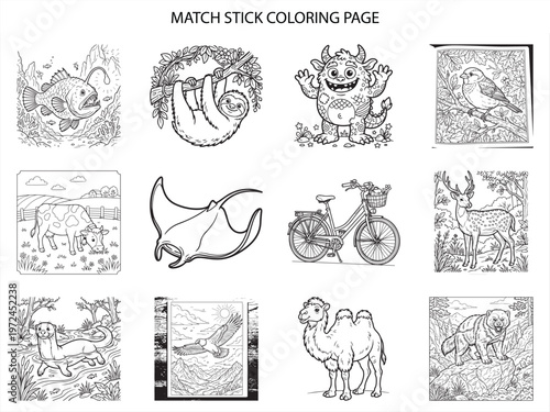 Educational animal and object coloring page set featuring anglerfish sloth monster bird cow manta ray bicycle deer otter and camel
