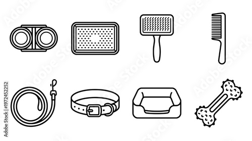 Dog care essentials vector icons of grooming tools and accessories