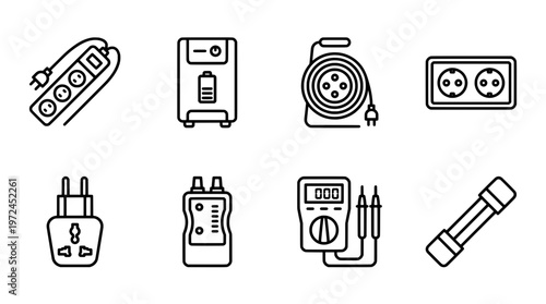 Electrical devices icons set outlets plugs power strips and testers