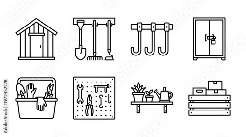 Garden shed tools and equipment vector icons design for various uses
