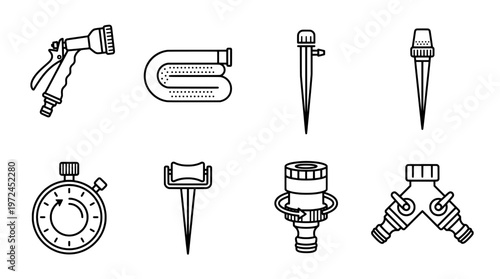 Garden irrigation tools illustration hose sprinklers connectors in outline