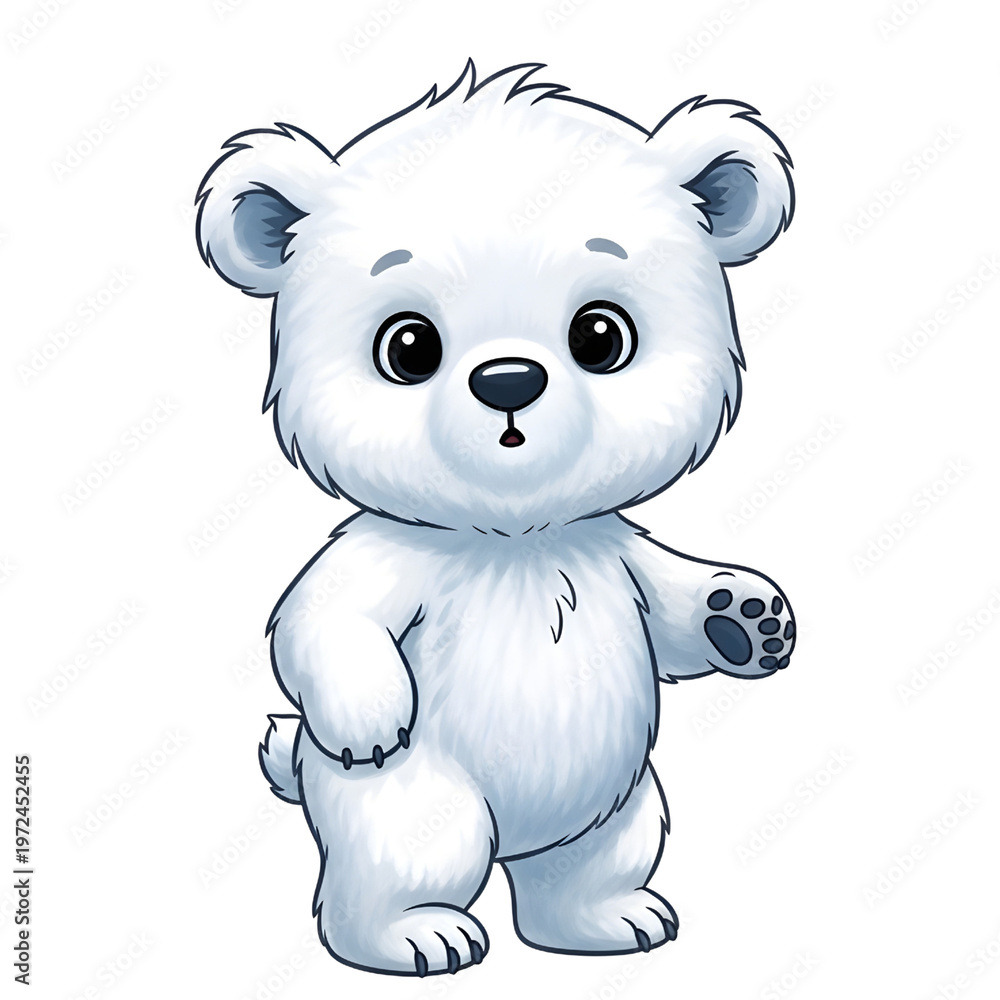 Obraz premium cute cartoon baby polar bear standing with curious expression, fluffy white fur with soft blue shading, big black eyes and tiny black nose, playful pose, isolated on solid white background, no shadow