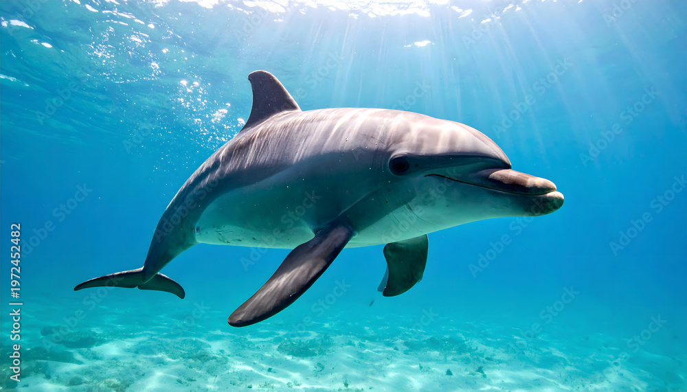 Obraz premium A dolphin swims underwater near the ocean floor with sunlight shining through.