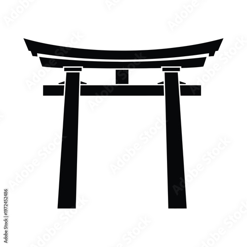 A stark black silhouette of a traditional japanese torii gate stands prominently against a plain white background