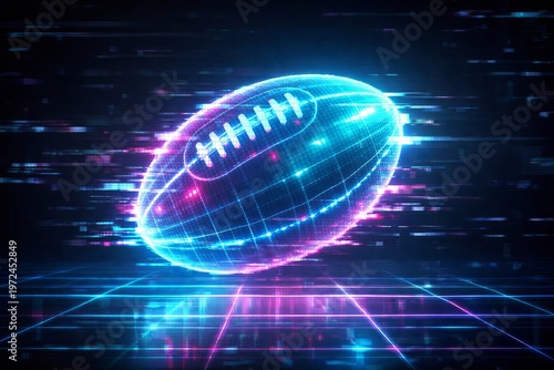 American Football Sports Ball, Futuristic Cyberpunk Neon Hologram, Digital Glitch Grid Technology, Abstract Glowing Wireframe Energy Concept, Virtual Reality Sport Design
