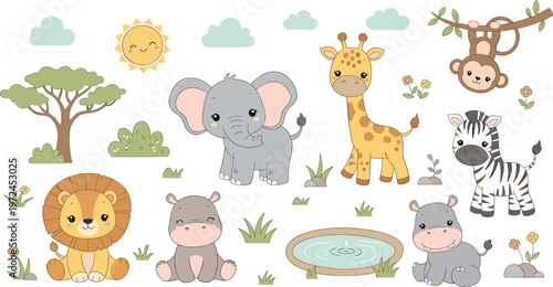 Photography Hand-drawn Cute Safari Animals with Lion, Elephant, Giraffe, Zebra, Hippos, Sun,