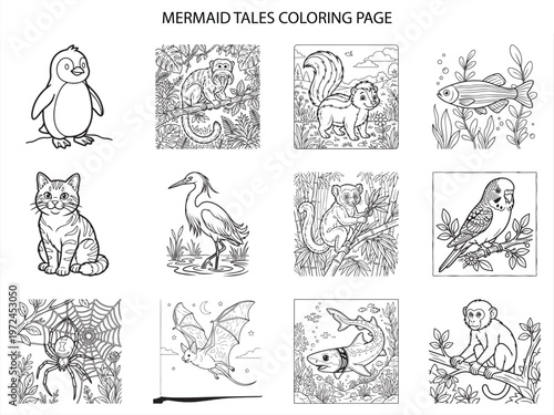 Whimsical animal and insect coloring page collection featuring penguin monkey skunk fish cat heron lemur budgie spider and bat