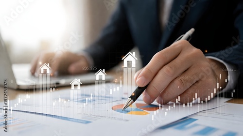 Real estate market analysis with graphs and house icons displayed