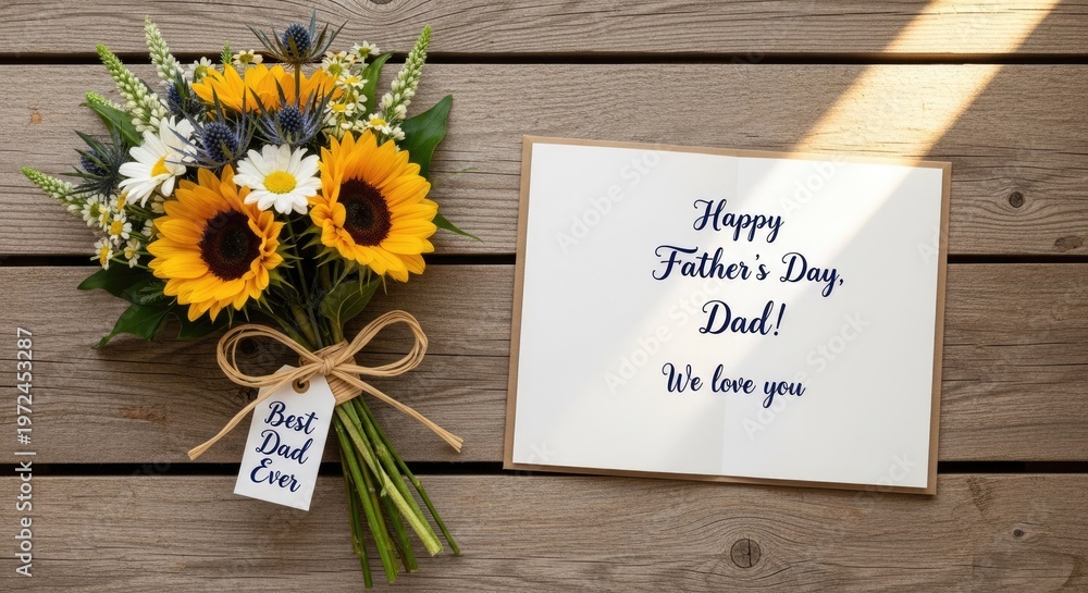 Naklejka premium Heartfelt fathers day gift beautiful sunflower bouquet with loving card for dad celebrate fatherhood