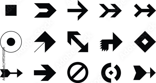 Collection of various black arrows and geometric shapes icons on white background