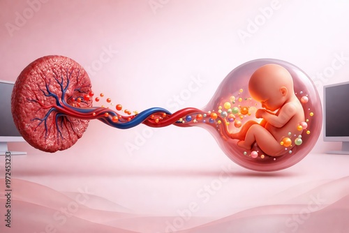 Fetus and Placenta with Umbilical Cord, Pregnancy Gestation Anatomy, Prenatal Medical Science Development, Obstetrics Biology Reproduction, Neonatal Embryology Illustration, 3D Human Life Concept