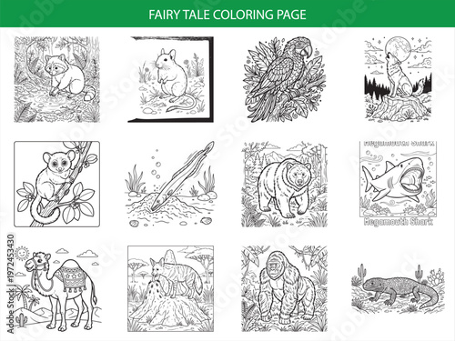 Fairy tale coloring page featuring cute woodland animals and exotic creatures in detailed black and white line art vector illustration